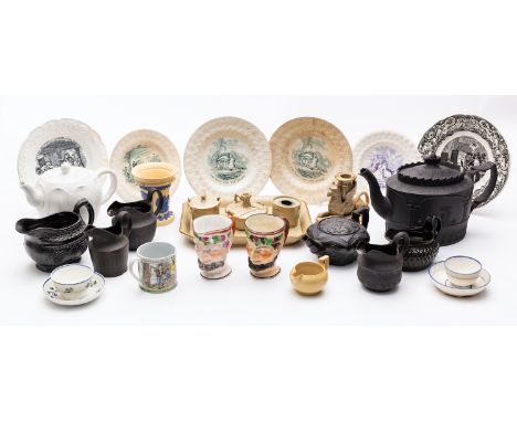 A large mixed lot of predominantly English pottery, 18th/19th century including nursery plates, a blue and white delftware ch