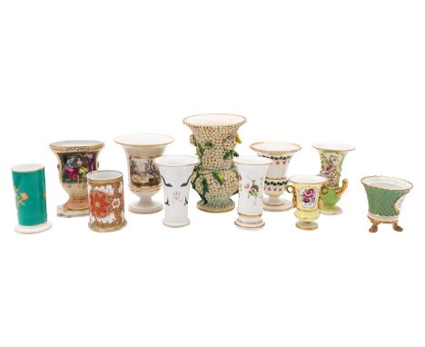 A group of porcelain spill and other vases, the majority English early 19th century including a Chamberlains Worcester oval s