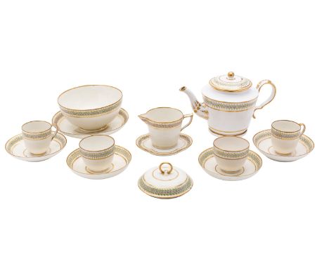 A Derby porcelain part tea and coffee service painted with bands of puce florets on a lime green ground and within gilt line 