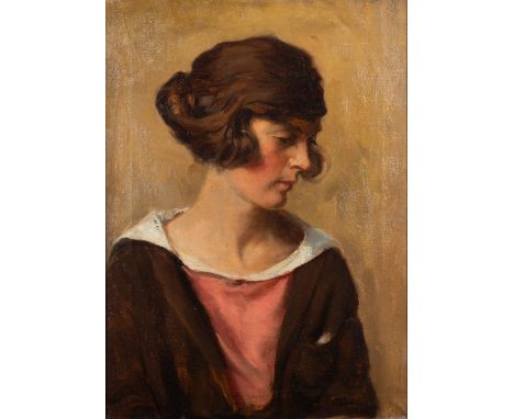 Attributed to Norman Hirst (British, 1862-1956) -Portrait of a Lady in a brown jacket and a pink blouse -Oil on canvas -55 x 