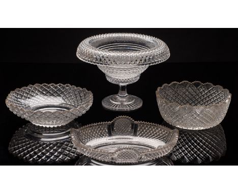 A large cut glass pedestal turnover bowl and separate stand together with three bowls/liners all with hobnail cut decoration,