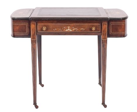A Victorian rosewood and ivory strung writing table, late 19th century; the rectangular top with inset tooled leather skiver,