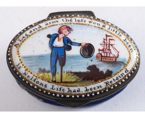 A Regency Bilston enamel oval patchbox, circa 1815; the hinged cover painted with a sailor and inscribed 'A leg and arm the l