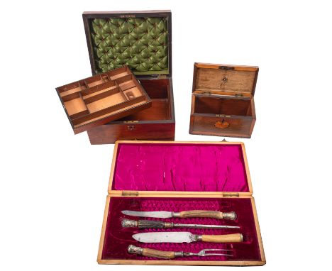 A Victorian walnut travelling jewellery box, an inlaid tea caddy, and a part carving set in case the jewellery box with remov