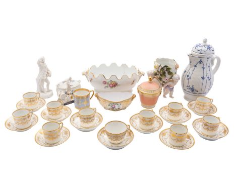 A mixed lot of Continental porcelain, 18th century and later including a small Tournai blue and white tureen and cover with c