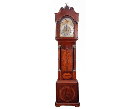 A mahogany moonphase longcase clock the eight-day duration movement striking the hours on a bell with the fourteen-inch break