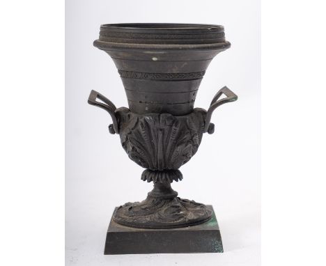 A small early 19th Century bronze pastille burner with angular handles and on square base, 12cm [cover lacking].