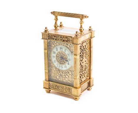 A French Victorian Carriage Clock having an eight-day duration timepiece movement with a platform lever escapement, the ivori