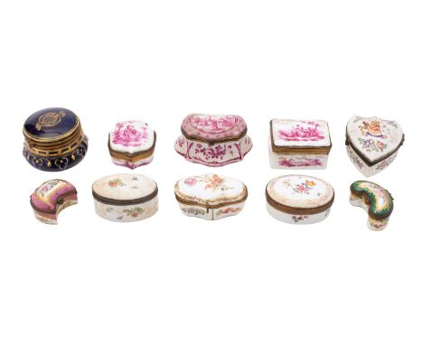 A group of Continental porcelain snuff and trinket boxes including a Sevres-style cobalt blue ground box, faux Sevres mark; t