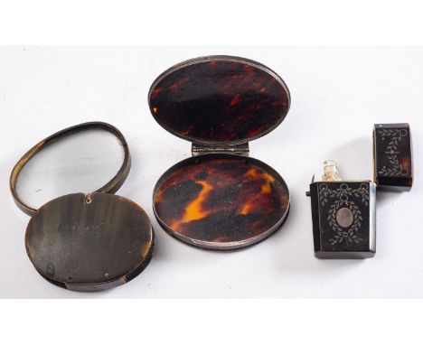 A Victorian tortoiseshell and white metal inlaid scent bottle case, late 19th century, 6cm high; a white metal mounted tortoi