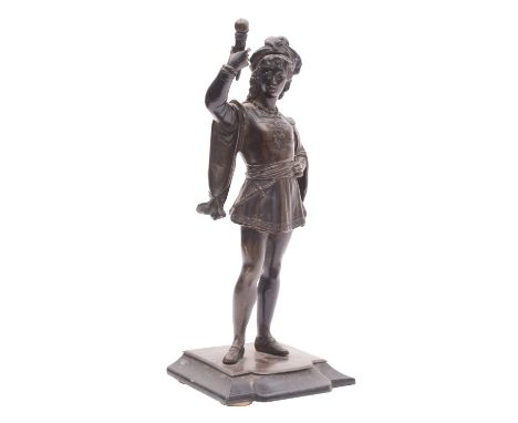A Continental bronze model of a youth in Renaissance attire, late 19th century; portrayed standing and holding a torch aloft,