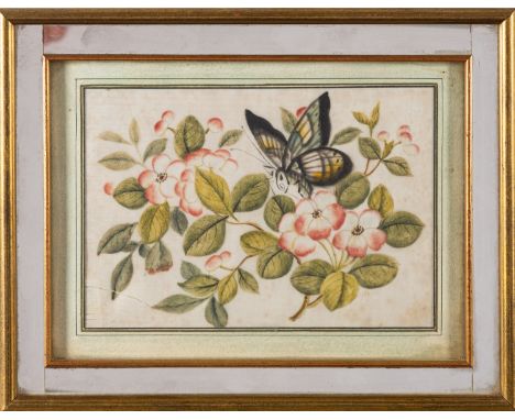 A Chinese silk embroidered panel, a similar gilt-wire embroidered panel and a painting on pith paper the first depicting a la