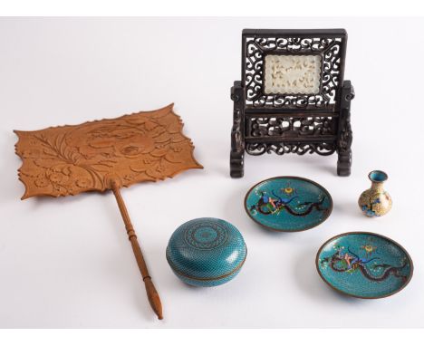 A mixed lot of Chinese works of art comprising a carved and pierced celadon jade plaque with hardwood frame and stand [minor 