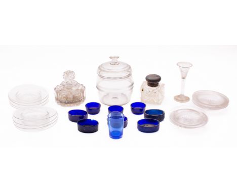 A mixed lot of glassware, 19th/20th century  including a large bowl with star cut base, 34cm; a group of fourteen ice plates 
