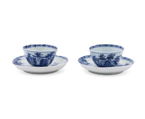 A pair of Nankin Wreck cargo porcelain  tea bowls and saucers, each painted in blue with a lakeside landscape, Qianlong, sauc