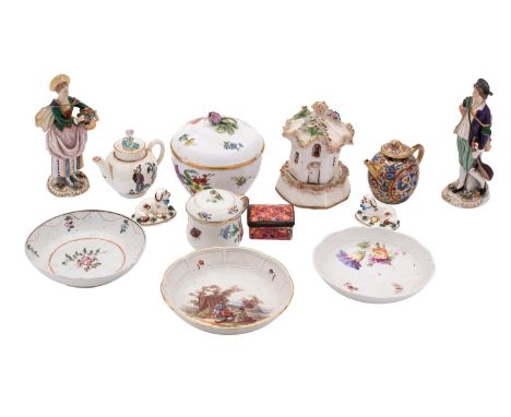 A mixed lot of English and Continental ceramics including two miniature teapots and covers, a cottage pastille burner and sta