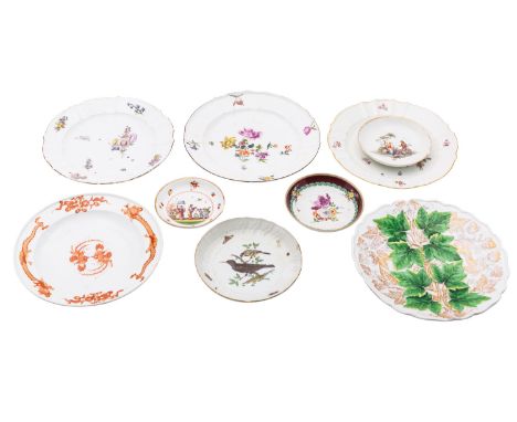 A mixed lot of Meissen porcelain, mid 18th century and later including three dishes painted with scattered flowers within bas