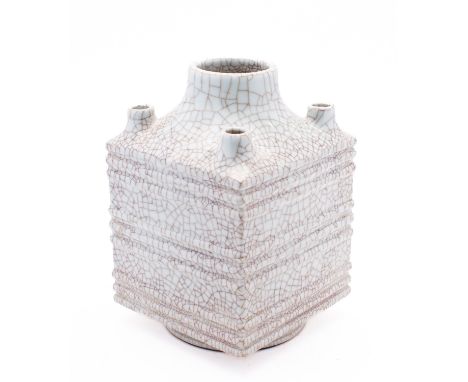 A Chinese Guan-type pale celadon Cong vase, of archaic and ribbed jade form, with short circular foot and one raised neck and