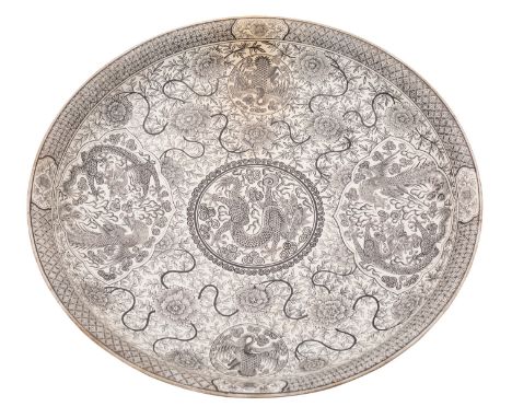 A Chinese charger decorated in black monochrome with panels of dragons and phoenix on a floral ground, apocryphal seal mark i