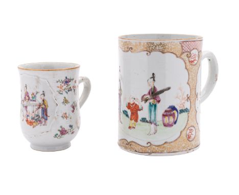A Chinese famille rose baluster mug and a similar cylindrical tankard the first painted with a Chinese family around a table 
