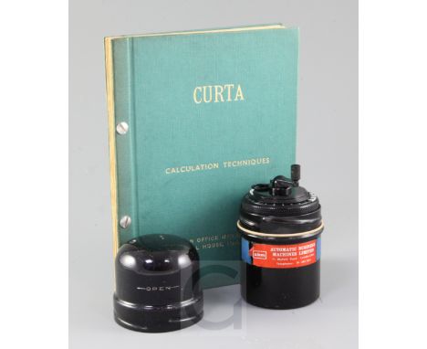 A Contina Ltd Curta Mechanical Calculator, in original case, with instruction manual, calculator height 4.5in.