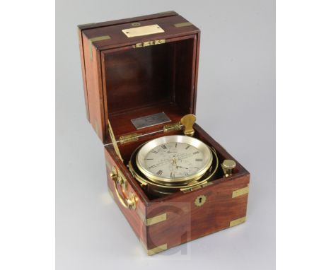 John Fletcher of London. A late 19th century brass mounted mahogany 2½ days ship's marine chronometer, the silvered dial with