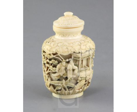 A Chinese ivory snuff bottle and stopper, 19th century, carved in high relief with figures on animal back in a landscape and 