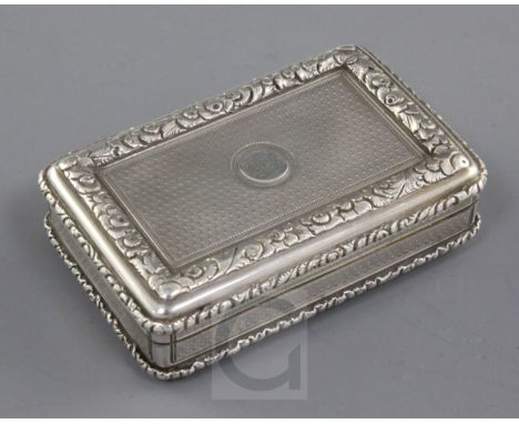 An early Victorian engine turned silver rectangular snuff box by Edward Edwards II, with engraved monograms and interior insc