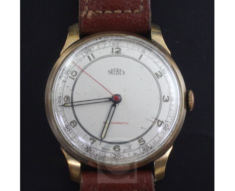 A gentleman's 9ct gold Trebex manual wind wrist watch, with Arabic dial, on later associated leather strap.