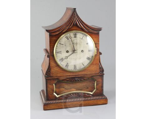 Rigby of Charing Cross. A William IV brass inset rosewood bracket clock, with pagoda shaped case, silvered dial and unsigned 