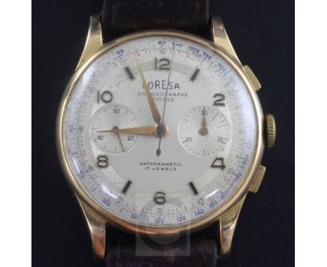 A gentleman's 18ct gold Coresa chronograph manual wind wrist watch, the silvered dial with baton and Arabic numerals and two 