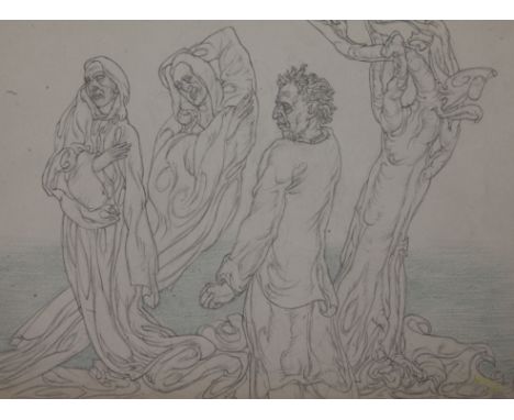 § Austin Osman Spare (1888-1956) pencil and blue pencil on thin wove paper. Two robed figures, a satyric figure and a tree tr