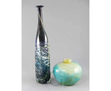 Michael Harris for Mdina Glass. A tall bottle and a compressed ovoid vase, the tall slender square bottle vase typically mott