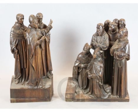 Two 19th century carved beech groups, the first of three figures, including a Pope, wearing a triple tiara, issuing a decree 