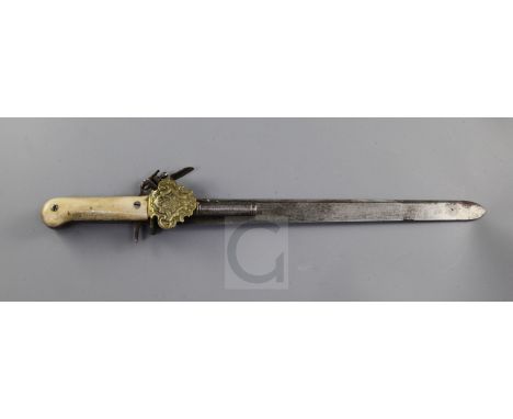 A 'made-up' flintlock hunting sword pistol, Continental, bone grips, brass shell guard, 19in.
