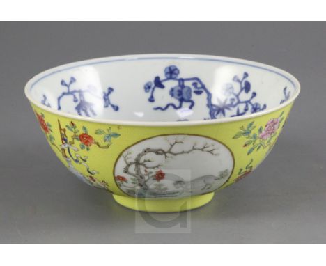 A Chinese sgraffito yellow ground medallion bowl, underglaze blue Daoguang six character seal mark and of the period (1821-50