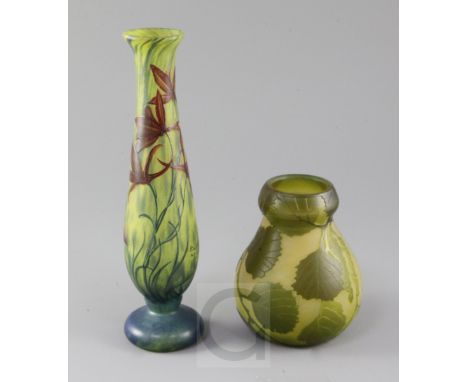 A De Latte cameo glass vase and a Legras cameo glass vase, early 20th century, the first vase enamelled and cid etched with f