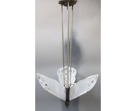 A Muller Freres silvered metal and frosted glass ceiling light drop 35in.