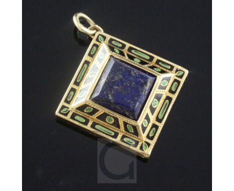 A gold, lapis lazuli and enamel set diamond shaped pendant locket, the central stone bordered by two geometric two colour ena