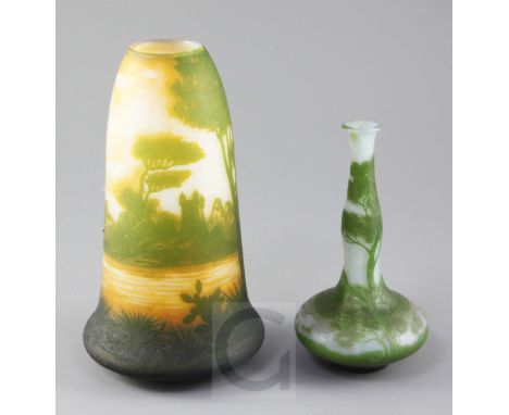 Two DeVez cameo glass 'landscape' vases, early 20th century, the first in green and yellow over white, the second green over 