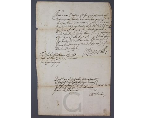 Cromwell, Oliver. Document signed, dated December 6, 1650, 1pp, folio, warrant addressed to Sir John Wollaston and the 'rest 