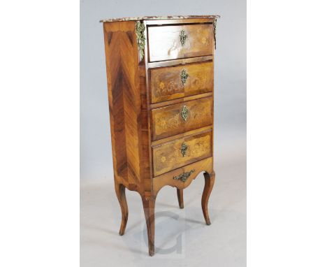 A Louis XVI style marquetry tall commode with rouge marble top W. 1ft 10in. D. 1ft 2in. H. 4ft 2in.