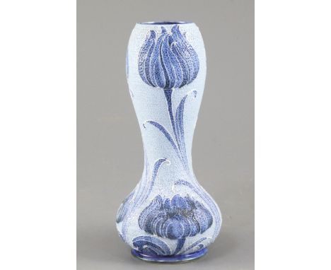 A Moorcroft MacIntyre Florian ware stipple ground double gourd shaped vase, c.1903, decorated with blue poppies on a pale blu