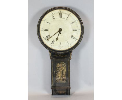 James Coates of Cirencester. A black japanned Act of Parliament clock, with painted dial and signed trunk decorated with chin