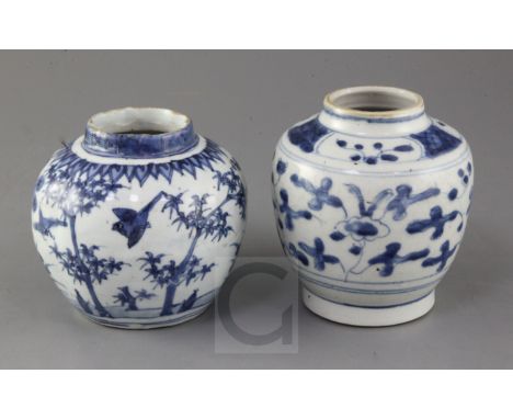 Two Chinese Ming blue and white jars, Wanli to Chongzheng period the first painted with birds amid trees and lingzhi fungus, 