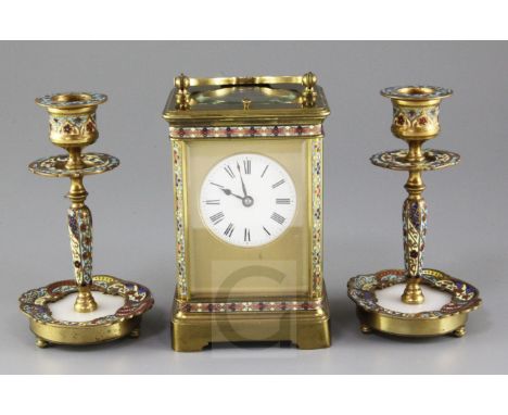 An early 20th century Richard & Co brass hour repeating carriage clock, with champleve enamel decoration, no.129, 6.25in., wi