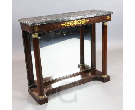 A Regency brass inset rosewood console table, with variegated grey marble top and mirror back, W.3ft 1.5in. D.1ft 1.5in. H.2f