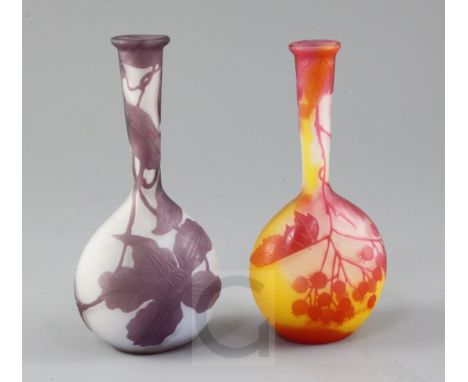 Two small Galle cameo glass bottle vases, c.1900, both decorated with flowering branches; the first in red and yellow and the