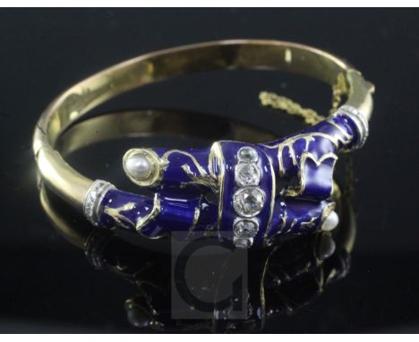 A gold, split pearl, diamond and blue enamel crossover hinged bangle, the central motif set with five graduated diamonds.