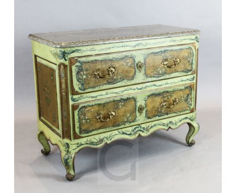 A mid 18th century North Italian green painted commode, with grey marble top and two drawers, on scroll feet, W.3ft 6in. D.1f